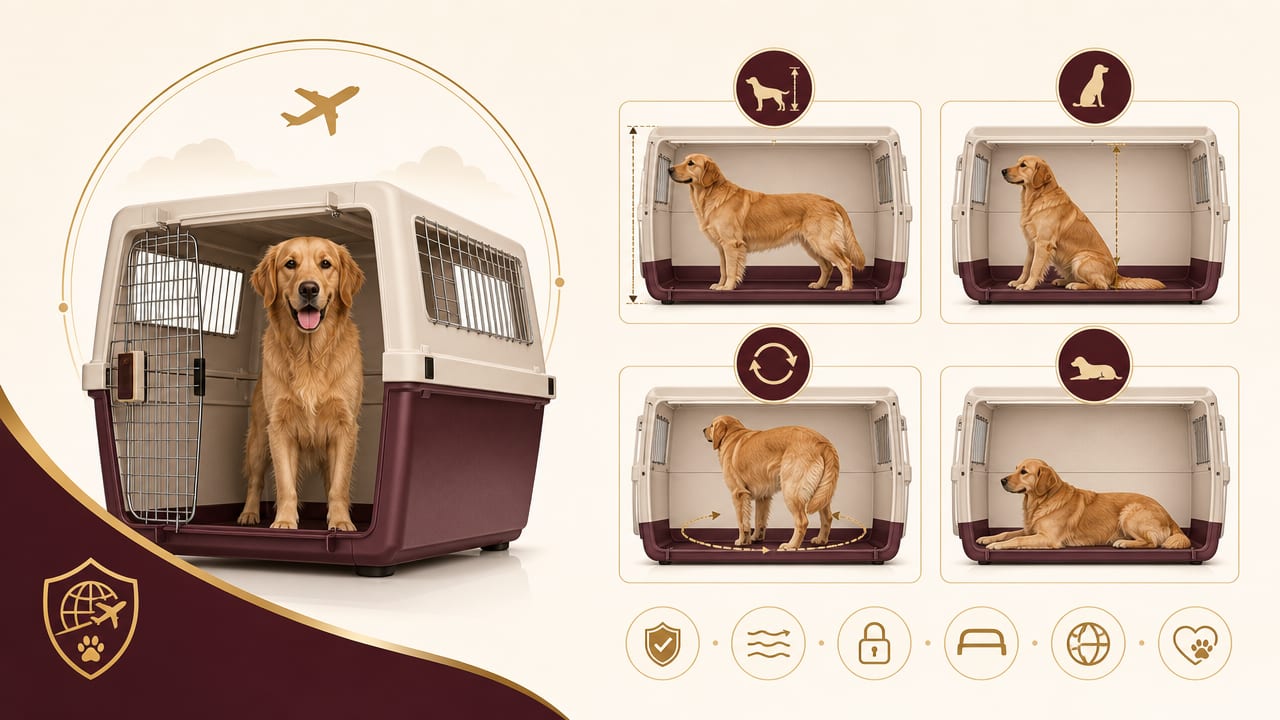 IATA pet travel crate size guide — the pet should be able to stand, sit, turn around and lie down